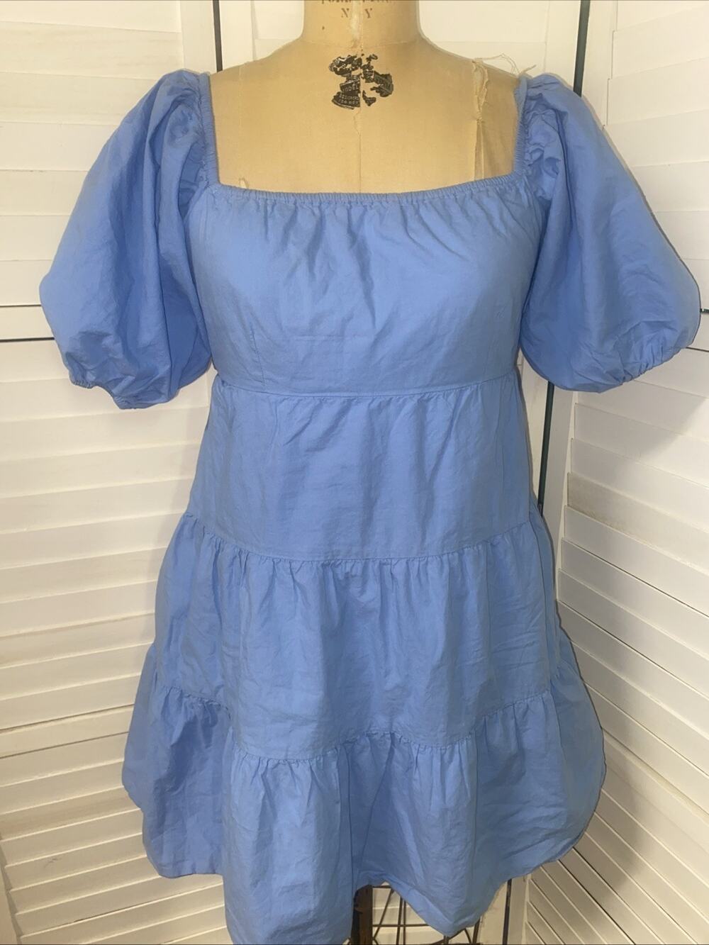 Sim & Sam Blue Puff Sleeve Smocked Boho Mini Fit N Flare Dress Sz Large Milkmaid